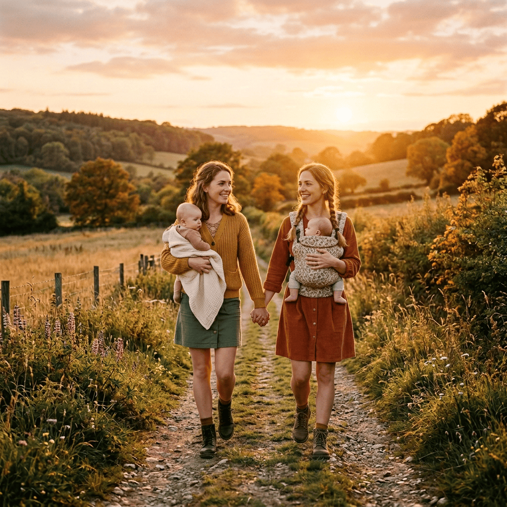 Two young girls walking hand in hand on a countryside dirt path at sunset