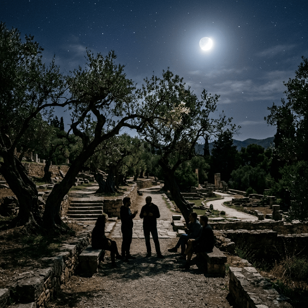 People gathered on a stone path among moonlit ancient ruins and olive trees