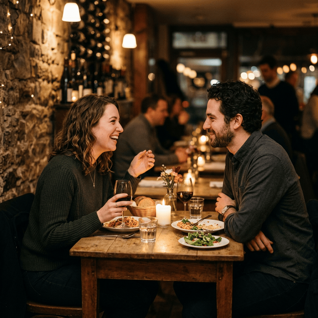 Couple laughing together over dinner and wine in a cozy restaurant