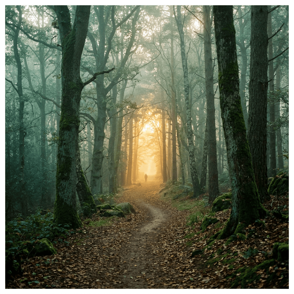 Lone walker on a misty forest path beneath tall moss-covered trees
