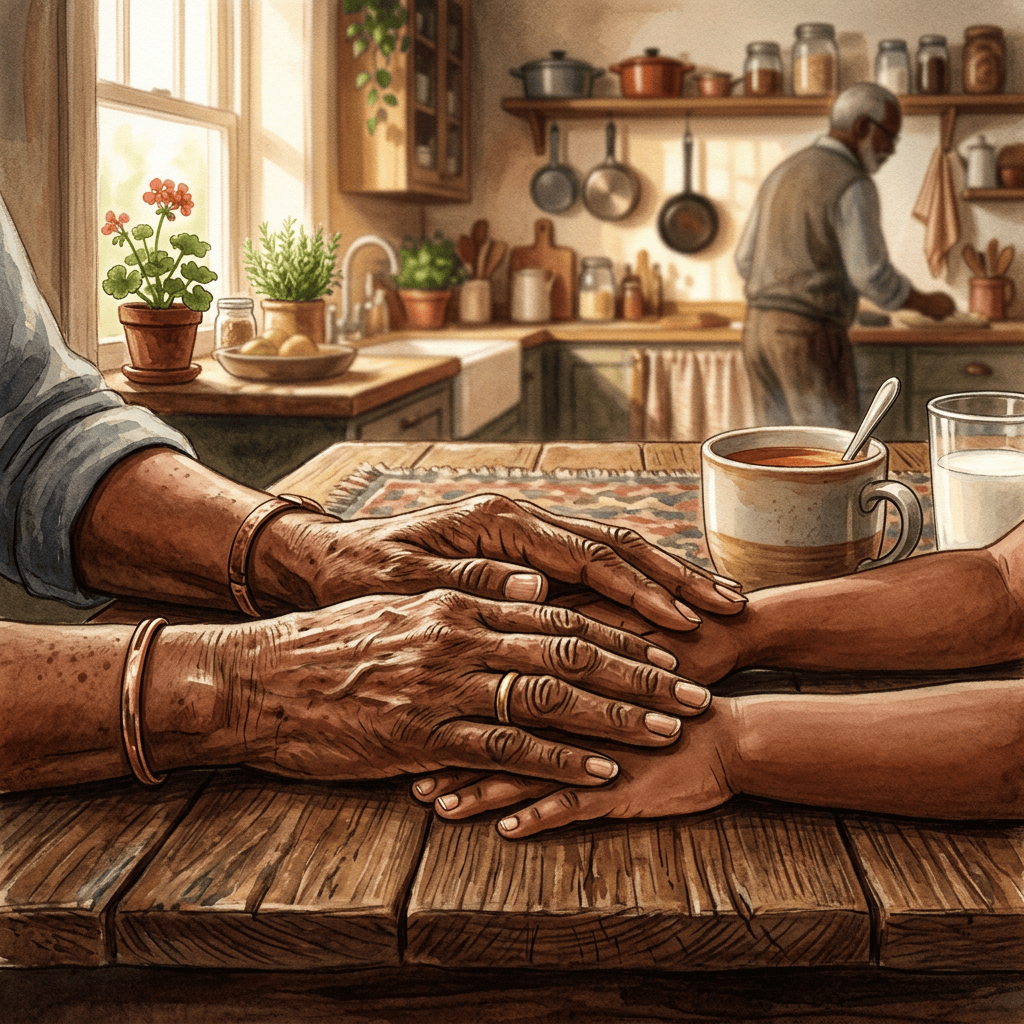 Two pairs of hands resting together across a wooden kitchen table