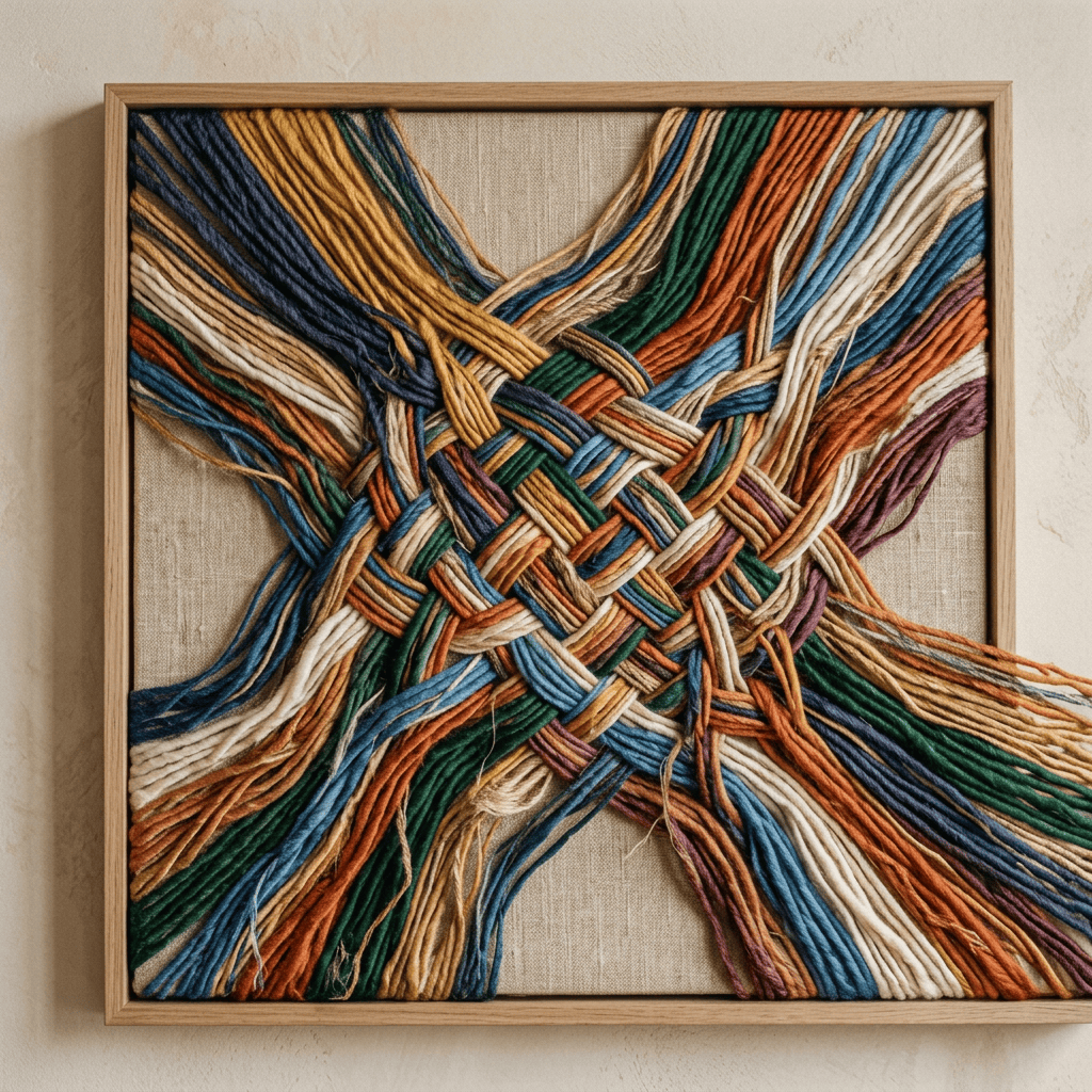 Framed textile artwork with multicolored yarns woven across a linen background