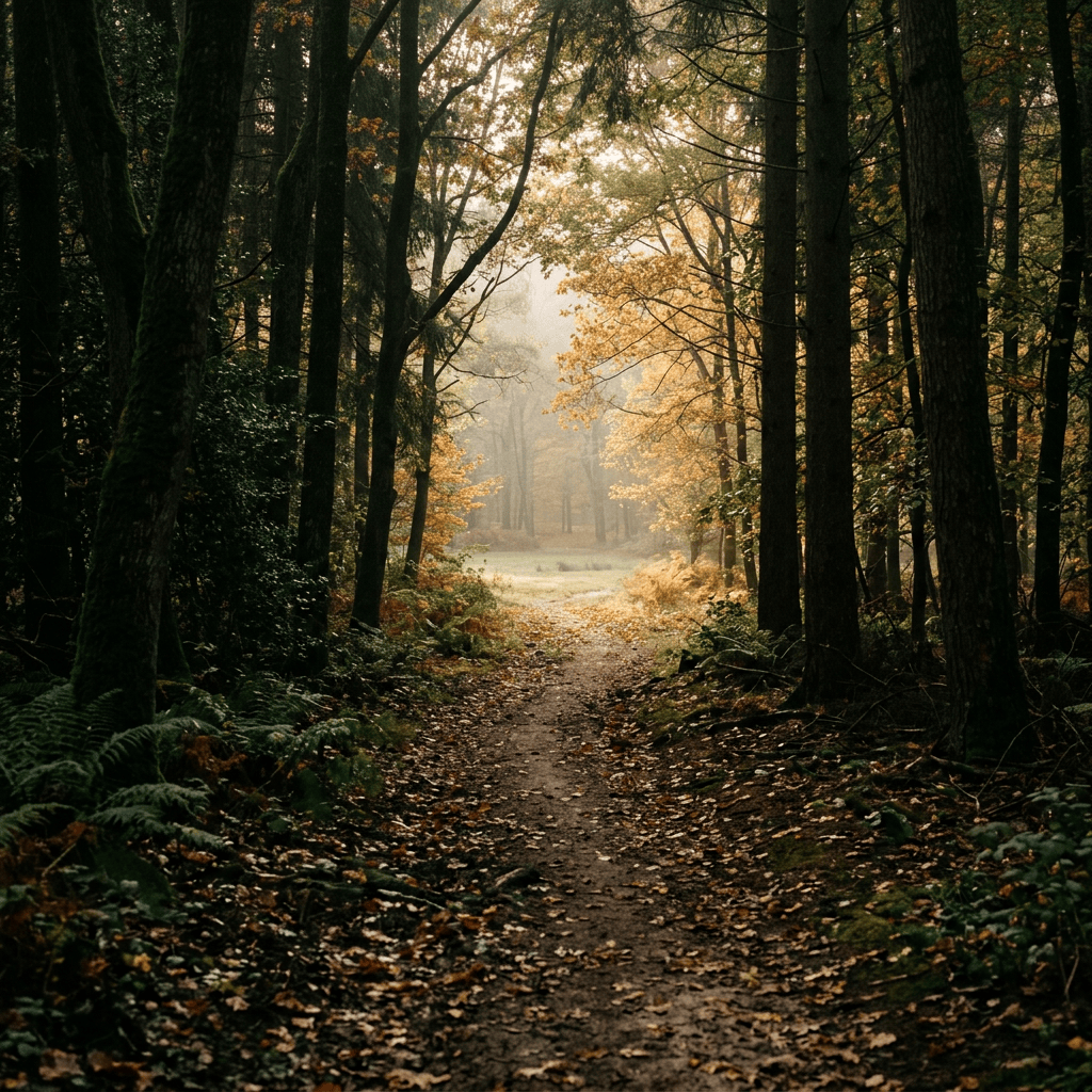 Leaf-covered forest path winding through golden autumn trees into a misty clearing