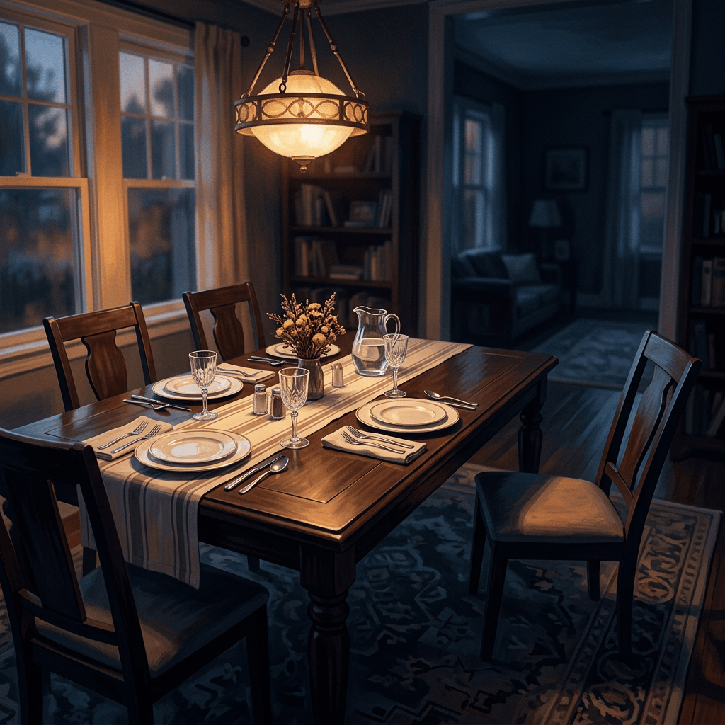 Elegantly set dining table beneath a glowing pendant light