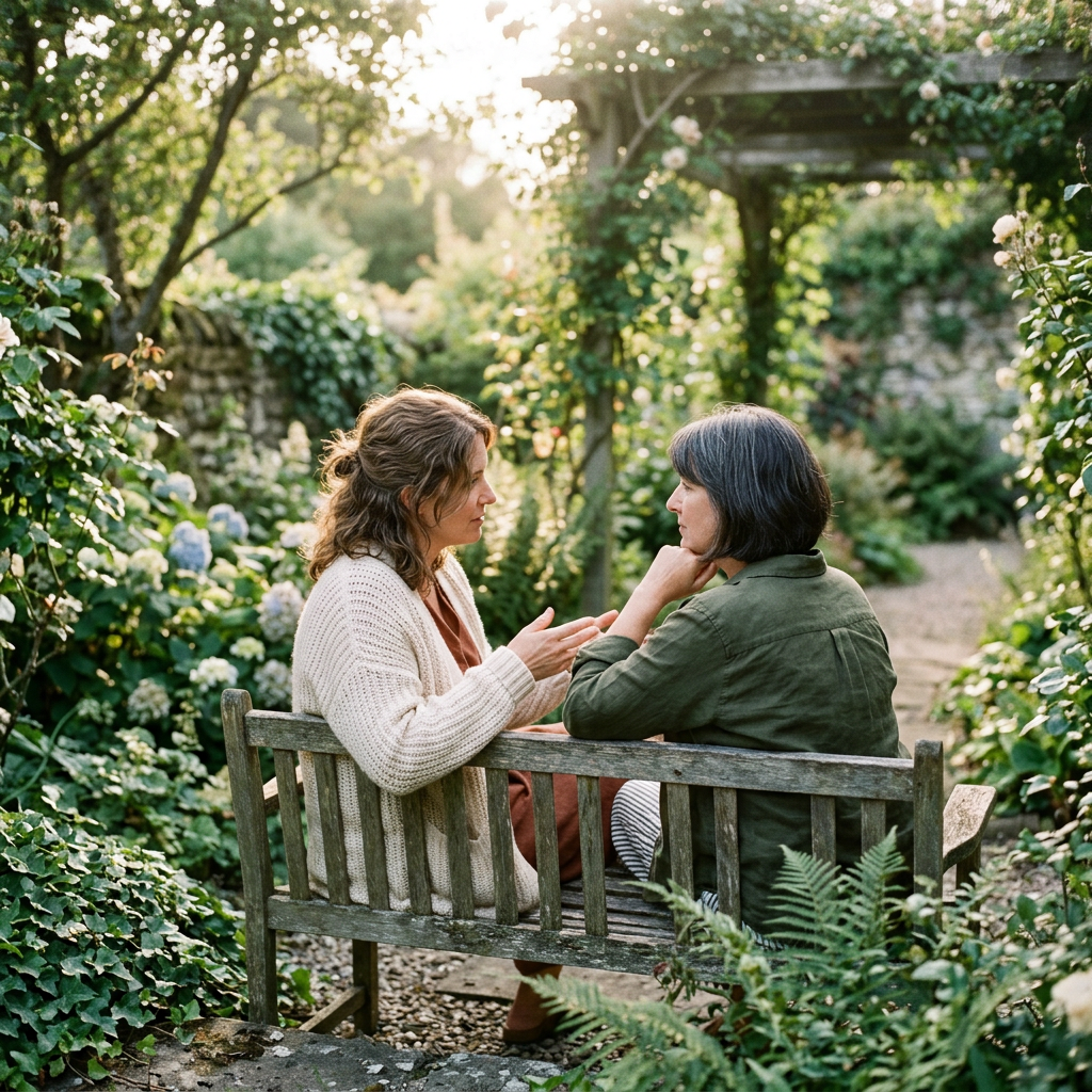Two women talking on a bench in a sunlit garden